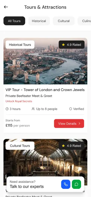 Revamped tours listing with ratings, duration, and price