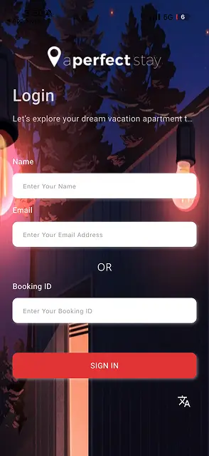 Old APerfectStay login screen on a dark background