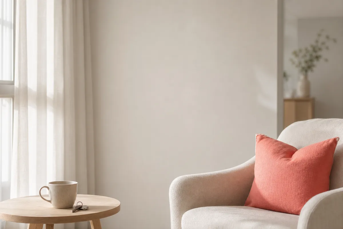 A calm, sunlit corner of a long-stay apartment, a soft armchair with a single coral cushion beside a window