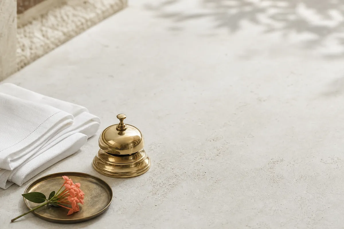 A brass concierge bell and folded white linen on pale stone, with a single coral flower resting on a small tray