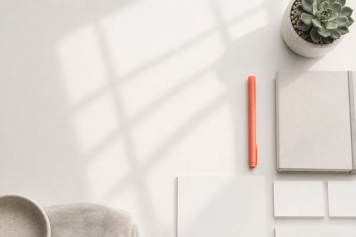 An orderly pale desk under soft window light and shadow, minimal stationery with a single coral marker