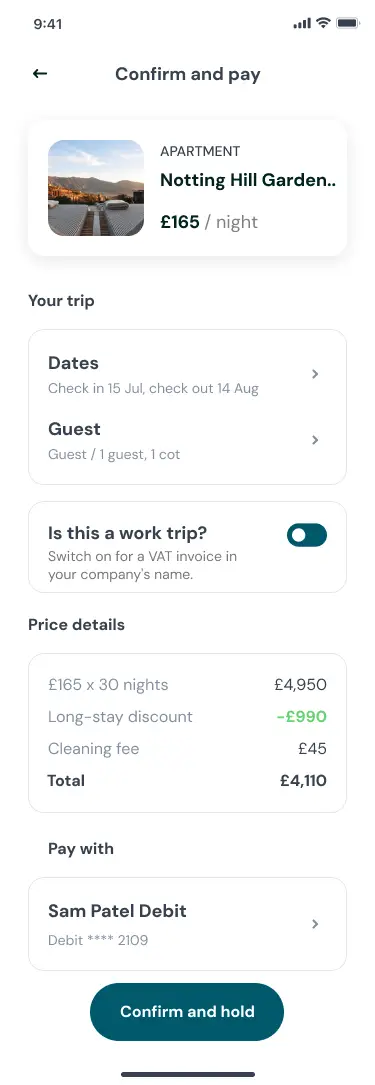 Confirm and pay screen with the full price breakdown