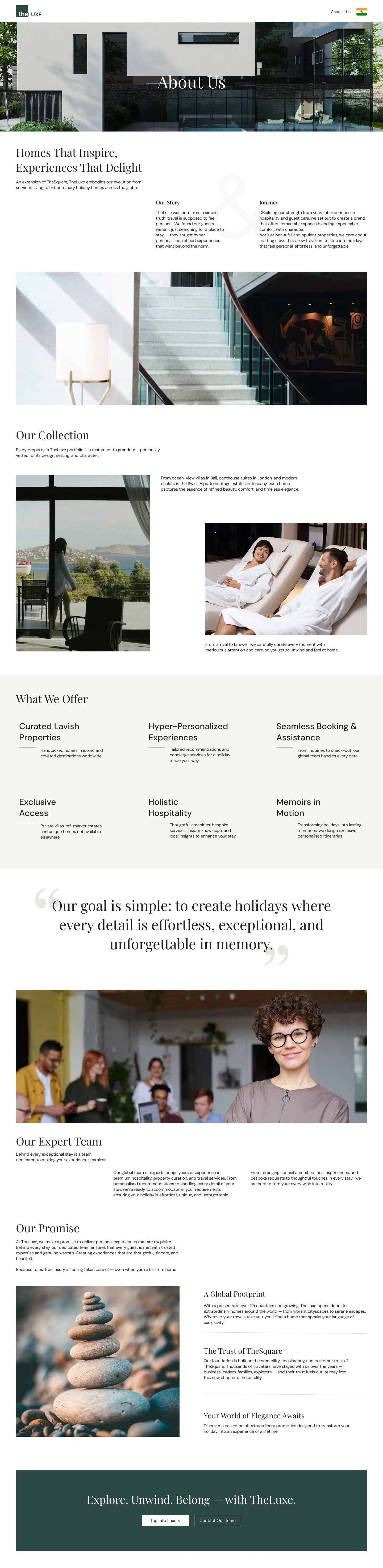 Full Lux landing page, from the promise through collection, services, team, and closing call to action