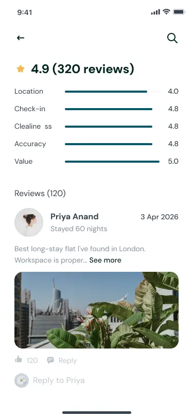 Reviews screen with stay-length tags on each reviewer