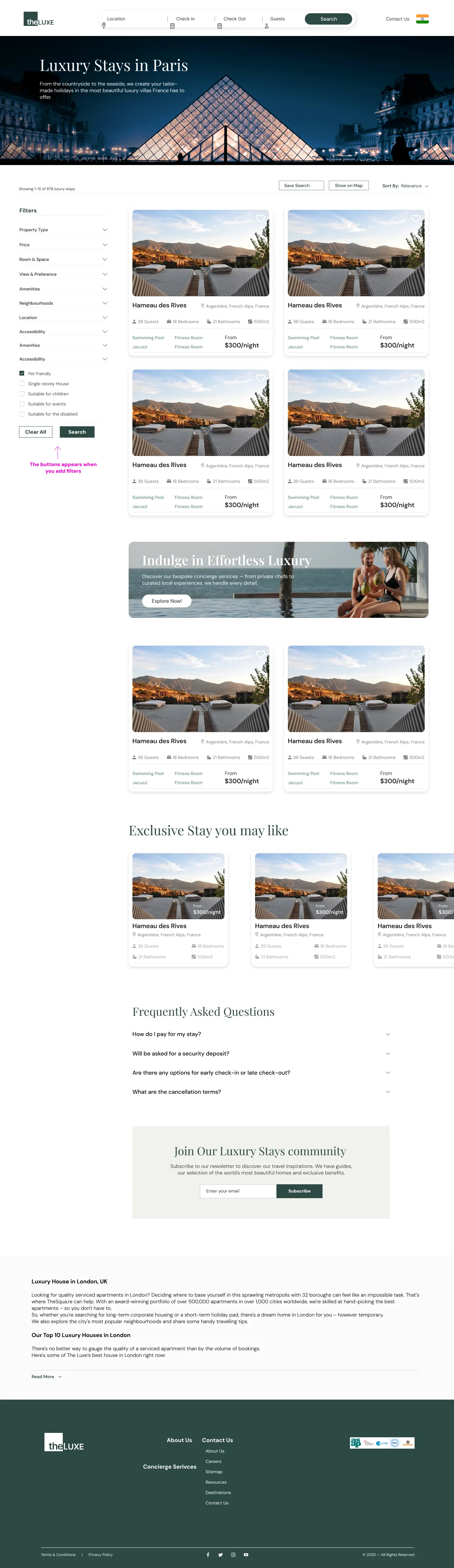 Lux search results page with filters, curated exclusive stays, and FAQ