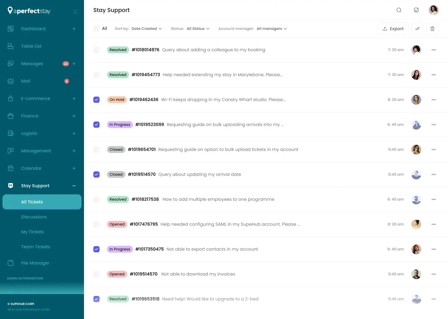 Stay Support ticket list with SLA clocks